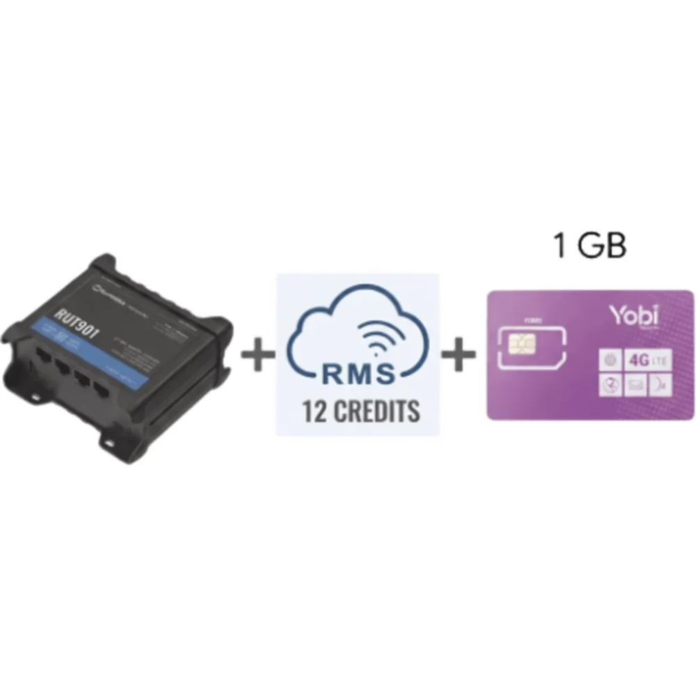Router Teltonika LTE/4G RUT901 + 12 creditos RMS + SIM de YOBI de 1GB por Mes durante un año de servicio (solo datos)