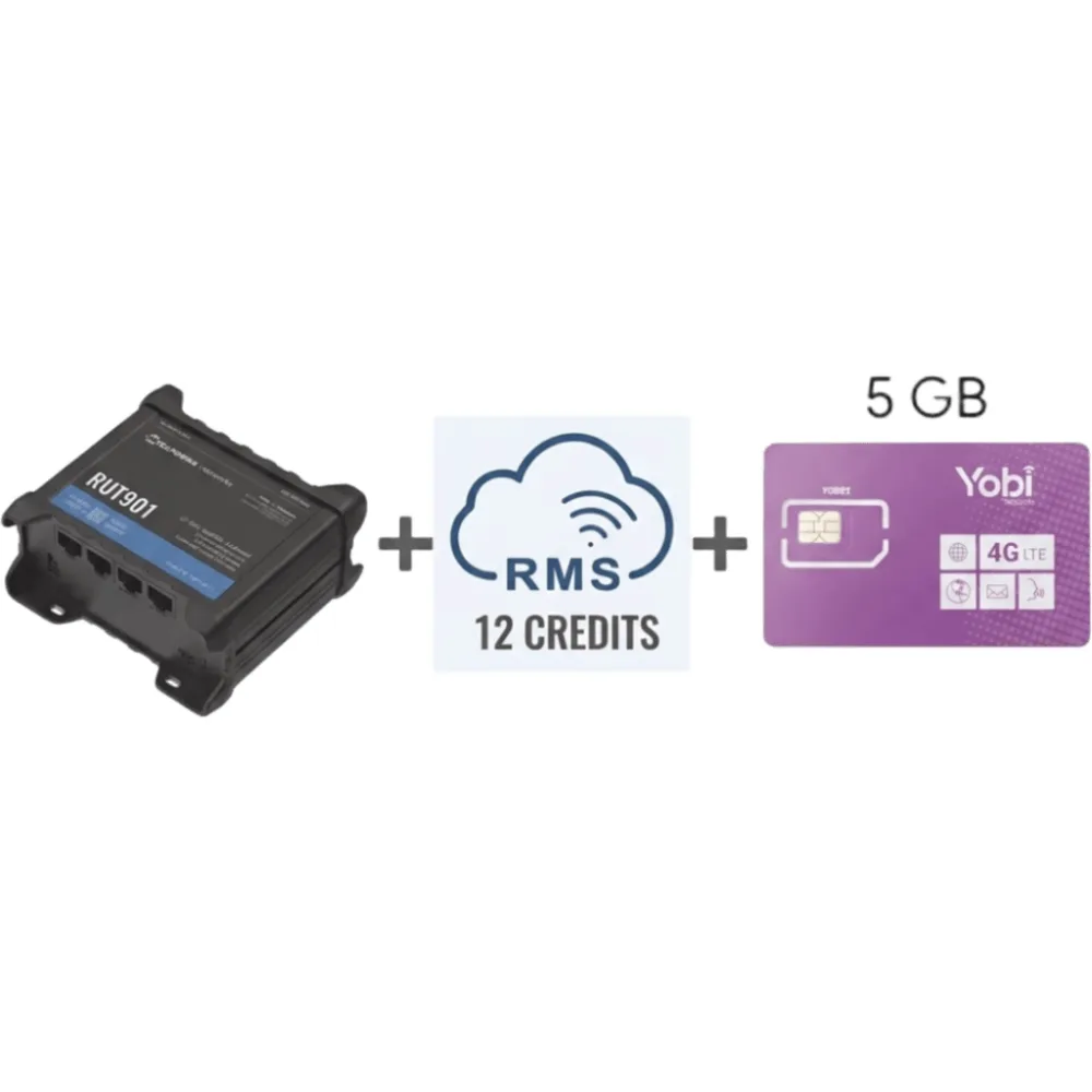 Router Teltonika LTE/4G RUT901 + 12 creditos RMS + SIM de YOBI de 5GB por Mes durante un año de servicio (solo datos)