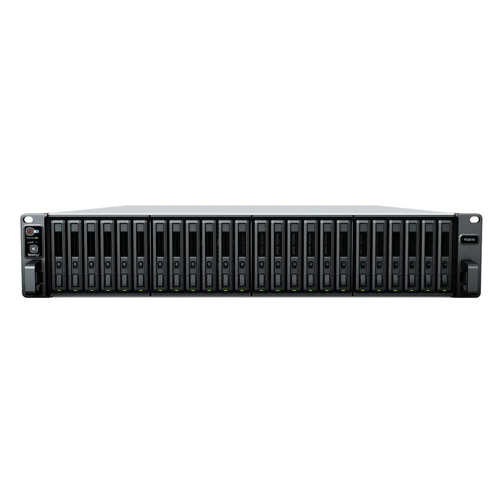 Servidor de Almacenamiento FlashStation FS3410 | 24 Bahías SSD SATA 2.5" | Intel Xeon D-1541 8 Núcleos | 16 GB RAM (Ampliable a 128 GB) | 356,500 IOPS Lectura | 129,400 IOPS Escritura | 4 Puertos 1GbE + 2 Puertos 10GbE – vista 2