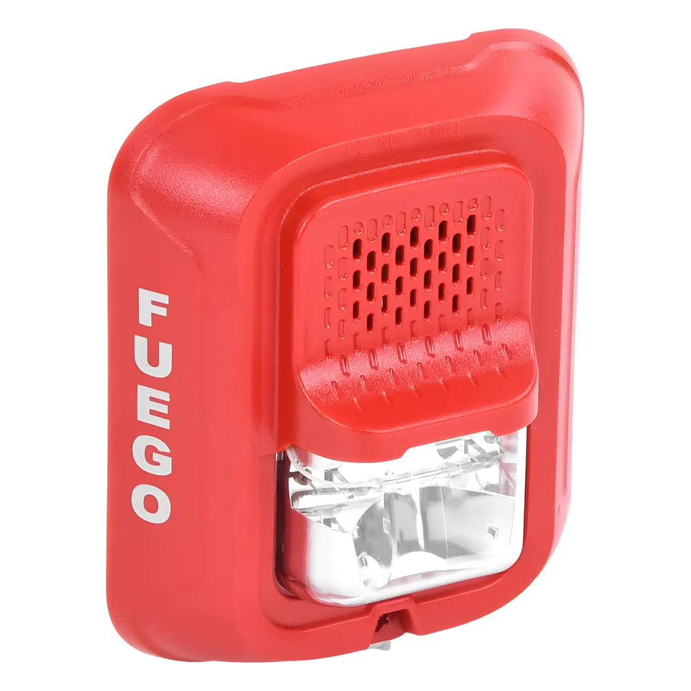 Sirena con lámpara estroboscópica de 2 hilos para pared, color rojo, leyenda FUEGO, candela seleccionable en campo – vista 3