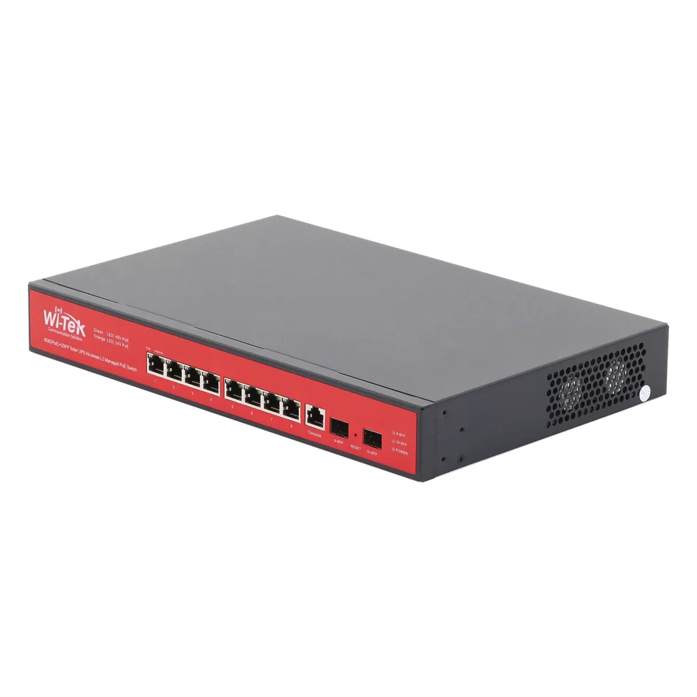 Switch Administrable Capa 2 de 8 puertos 10/100/1000 PoE af/at + 2 x SFP Gigabit, con respaldo para energía solar – vista 2