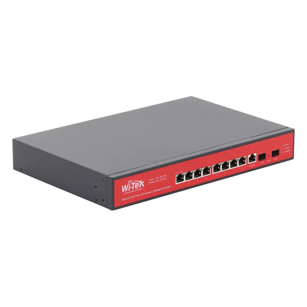 Switch Administrable Capa 2 de 8 puertos 10/100/1000 PoE af/at + 2 x SFP Gigabit, con respaldo para energía solar – vista 3