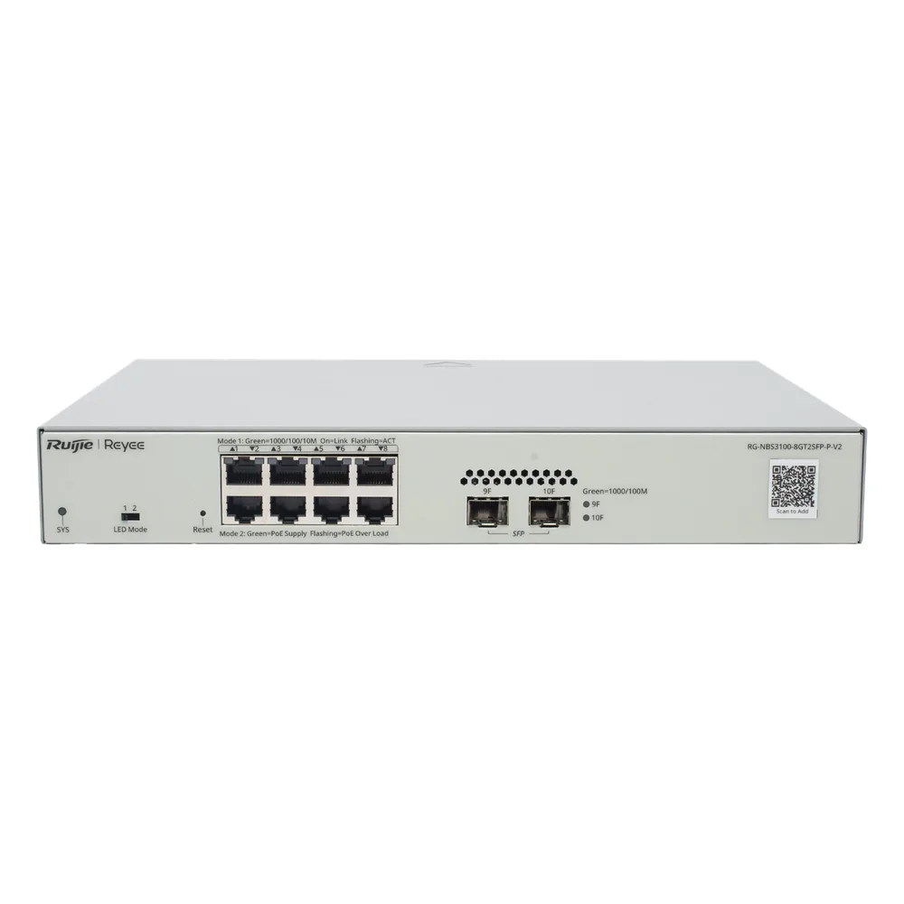 Switch Administrable PoE Capa 2 con 8 puertos Gigabit PoE 802.3af/at + 2 SFP para fibra 1Gb, gestión gratuita desde la nube, 125w