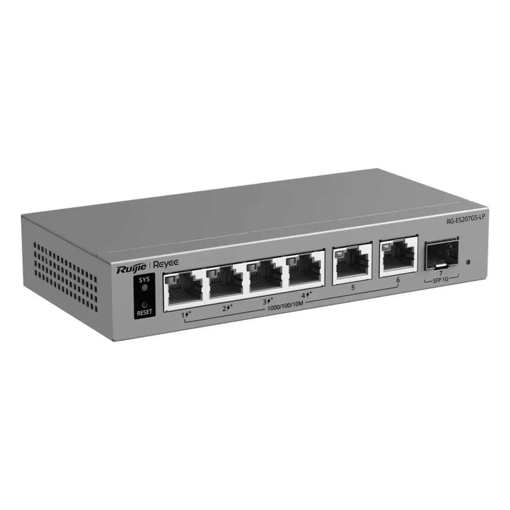 Switch Capa 2 Smart Cloud Managed / 7 Puertos Gigabit / 2 PoE++ 802.3bt + 2 PoE+ 802.3at / 1 Puerto SFP 1GE / Presupuesto PoE 120 W / Protección contra Sobretensiones 6 kV / PoE Permanente / Gestión en la Nube Ruijie Cloud / Gabinete Met&amp – vista 2