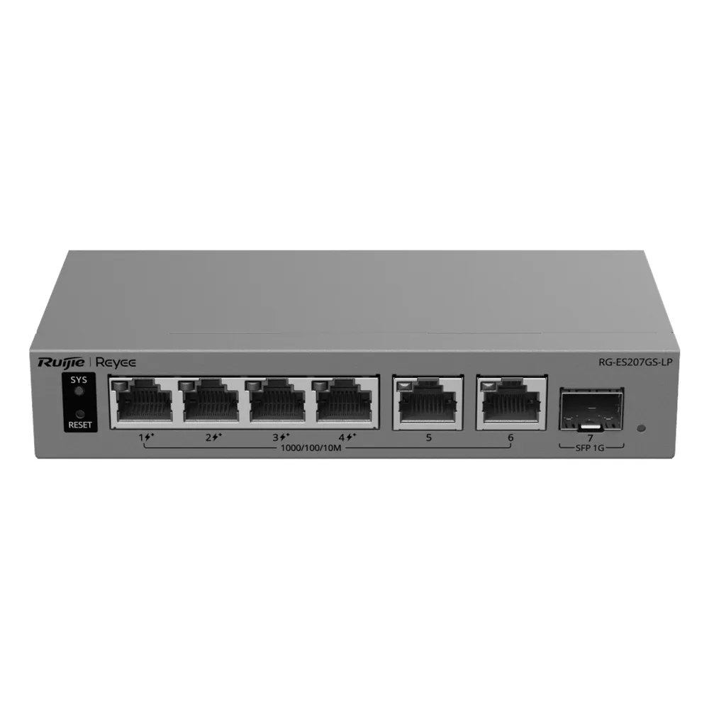 Switch Capa 2 Smart Cloud Managed / 7 Puertos Gigabit / 2 PoE++ 802.3bt + 2 PoE+ 802.3at / 1 Puerto SFP 1GE / Presupuesto PoE 120 W / Protección contra Sobretensiones 6 kV / PoE Permanente / Gestión en la Nube Ruijie Cloud / Gabinete Met&