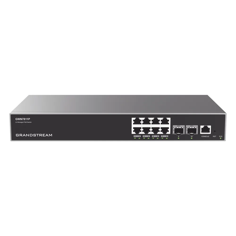 Switch Capa 3 PoE+ Administrable / 8 puertos 10/100/1000 Mbps + 2 Puertos SFP+ de 10 Gigabits / Hasta 120W / Compatible con GWN Cloud.