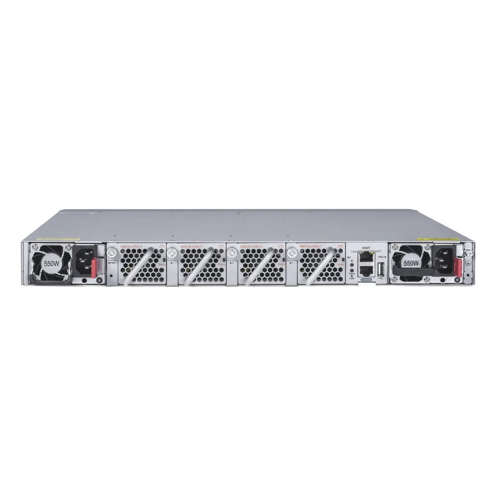 Switch Data Center / 48 Puertos SFP+ 1G/10G / 8 Puertos QSFP28 40G/100G / 2.56 Tbps / 1920 Mpps / M-LAG VSU VXLAN EVPN / RDMA RoCEv2 PFC ECN / Fuentes Redundantes 1+1 Hot-Swap – vista 4