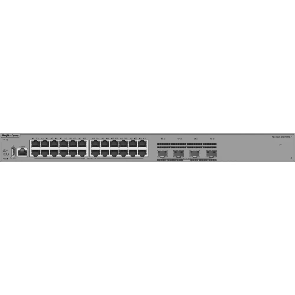 Switch de Acceso Capa 3 / 24 Puertos Gigabit PoE+ / 4 Puertos SFP 2.5GE / 370W PoE / VSU / OSPF / RIP / Protección contra Sobretensiones 10kV / Ventilador Fijo / Línea Cybrey – vista 2