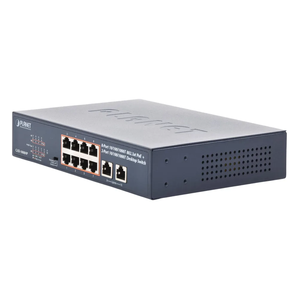 Switch de Escritorio No Administrable / 8 Puertos 10/100/1000T PoE+ 802.3at / 2 Puertos Uplink 10/100/1000T / Presupuesto PoE 120 Watts / Modos Estándar, VLAN y Extend / Distancia Extendida 250 mts / Rackeable – vista 3