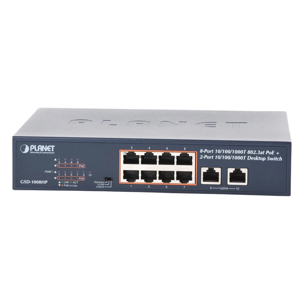 Switch de Escritorio No Administrable / 8 Puertos 10/100/1000T PoE+ 802.3at / 2 Puertos Uplink 10/100/1000T / Presupuesto PoE 120 Watts / Modos Estándar, VLAN y Extend / Distancia Extendida 250 mts / Rackeable – vista 4