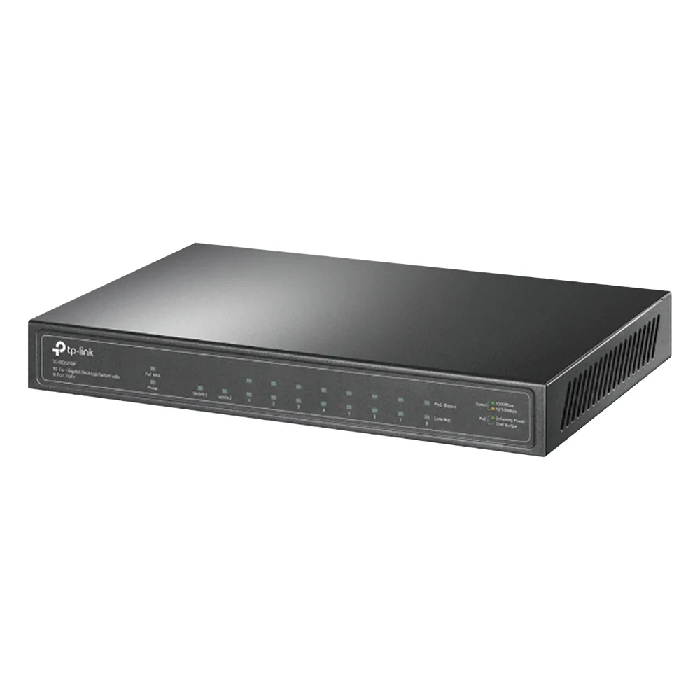 Switch de escritorio PoE+, no Administrable 8 puertos 10/100/1000 Mbps + 1 puertos 10/100/1000 Mbps (Uplink) + 1 puerto SFP, 63W