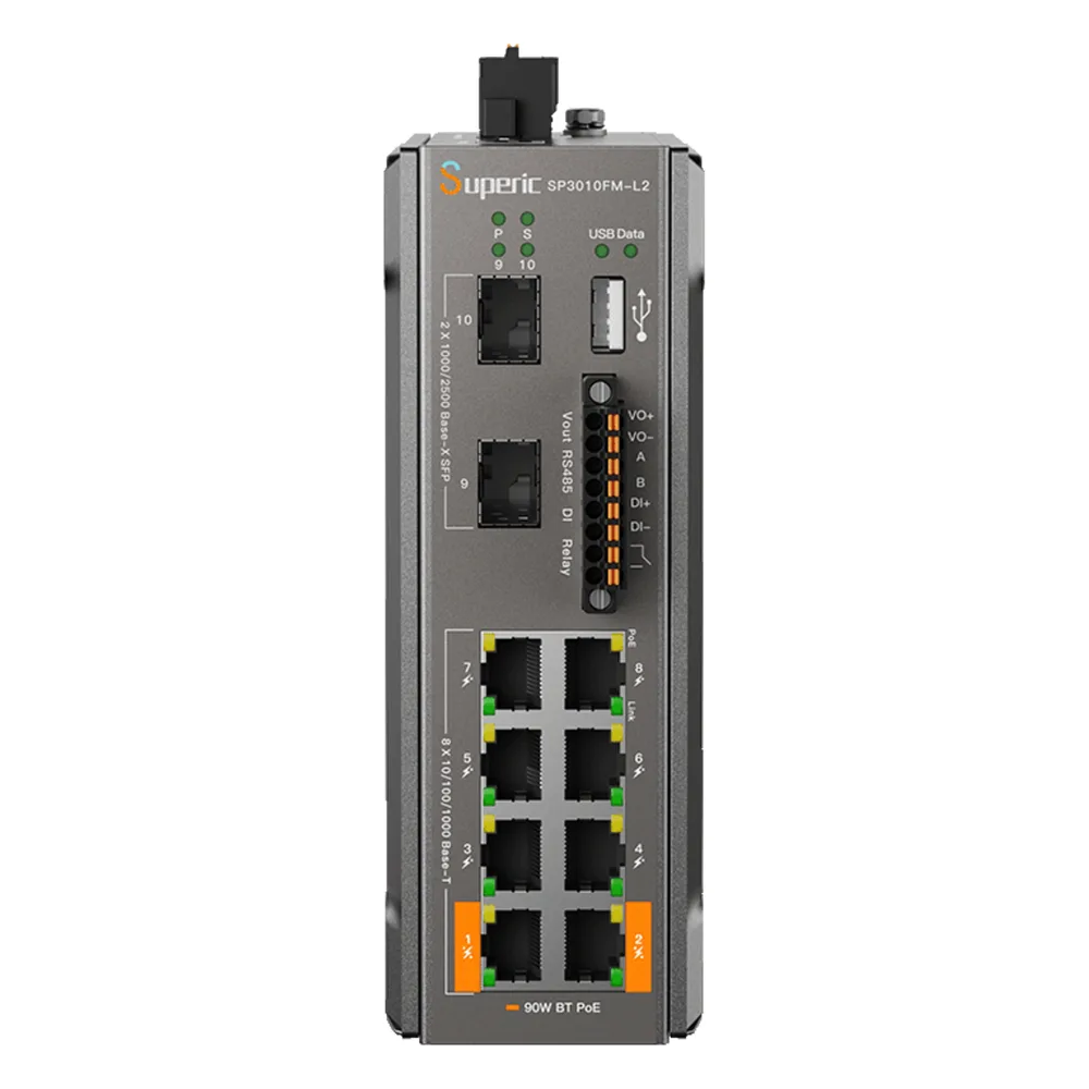 Switch de Red SP3010FM-L2 (V3) / 8 Puertos 10/100/1000Mbps PoE / 2 Puertos SFP 1000M/2.5Gbps / 240W PoE Budget / 26Gbps Capacidad de Conmutación / 19.3Mpps Tasa de Reenvío / DIN-Rail, Pared, Escritorio / -40℃~75℃ / CE, FCC, RoHS, UKCA, R