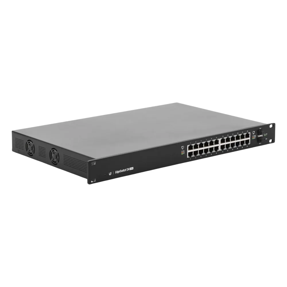 Switch EdgeMAX administrable de 24 puertos Gigabit con PoE+/PoE Pasivo 24V + 2 Puertos SFP, 250 W – vista 3