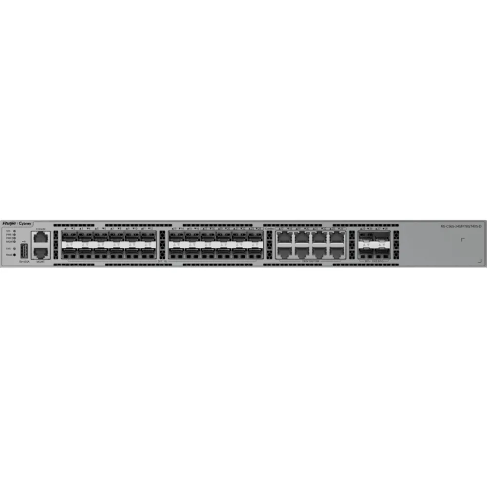 Switch Ethernet 10GE / 24 Puertos 1GE SFP + 4 Puertos 1GE/2.5GE/10GE SFP+ / Capacidad 128 Gbps / Reenvío 95.232 Mpps / CPU Quad Core ARMv8 Cortex-A72 / 1 RU / Alimentación Redundante / VSU / Capa 3 / Línea Cybrey – vista 2