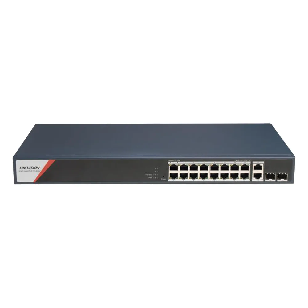 Switch Gigabit PoE+ / Administrable / 16 Puertos 1000 Mbps PoE+ (4 Puertos PoE++ 90 W) / 2 Puertos 1000 Mbps de Uplink / 2 Puertos SFP / Configuración Nube Hik-PartnerPro / Modo Extendido hasta 300 Metros / 230 W
