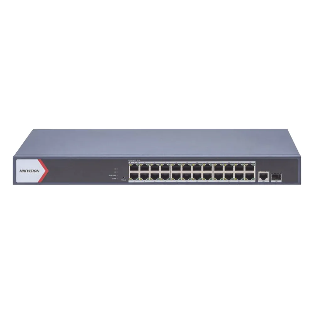 Switch Gigabit PoE+ / Administrable / 24 Puertos 1000 Mbps PoE+ / 1 Puerto 1000 Mbps Uplink / 1 Puertos SFP Uplink / Configuración Nube Hik-Partner Pro / Modo Extendido hasta 300 Metros / 230 W