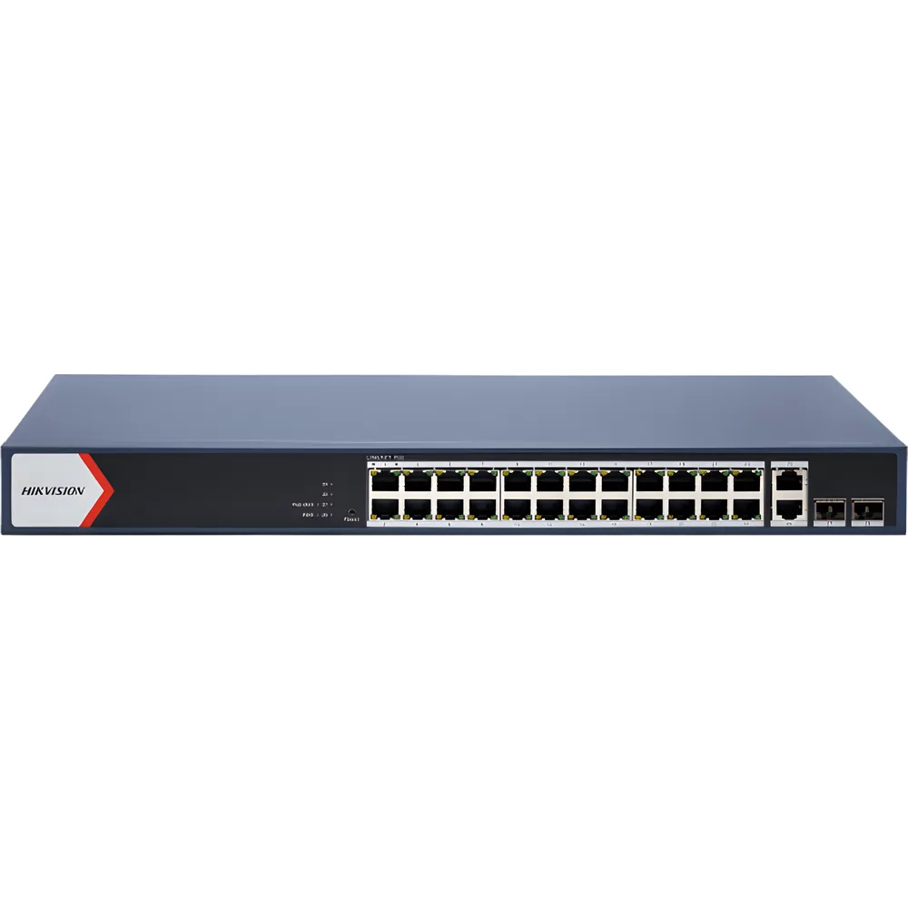 Switch Gigabit PoE+ / Administrable / 24 Puertos 1000 Mbps PoE+ / 2 Puertos 1000 Mbps Uplink / 2 Puertos SFP Uplink / Configuración Nube desde Hik-PartnerPro / Modo Extendido hasta 300 Metros / 370 W – vista 2