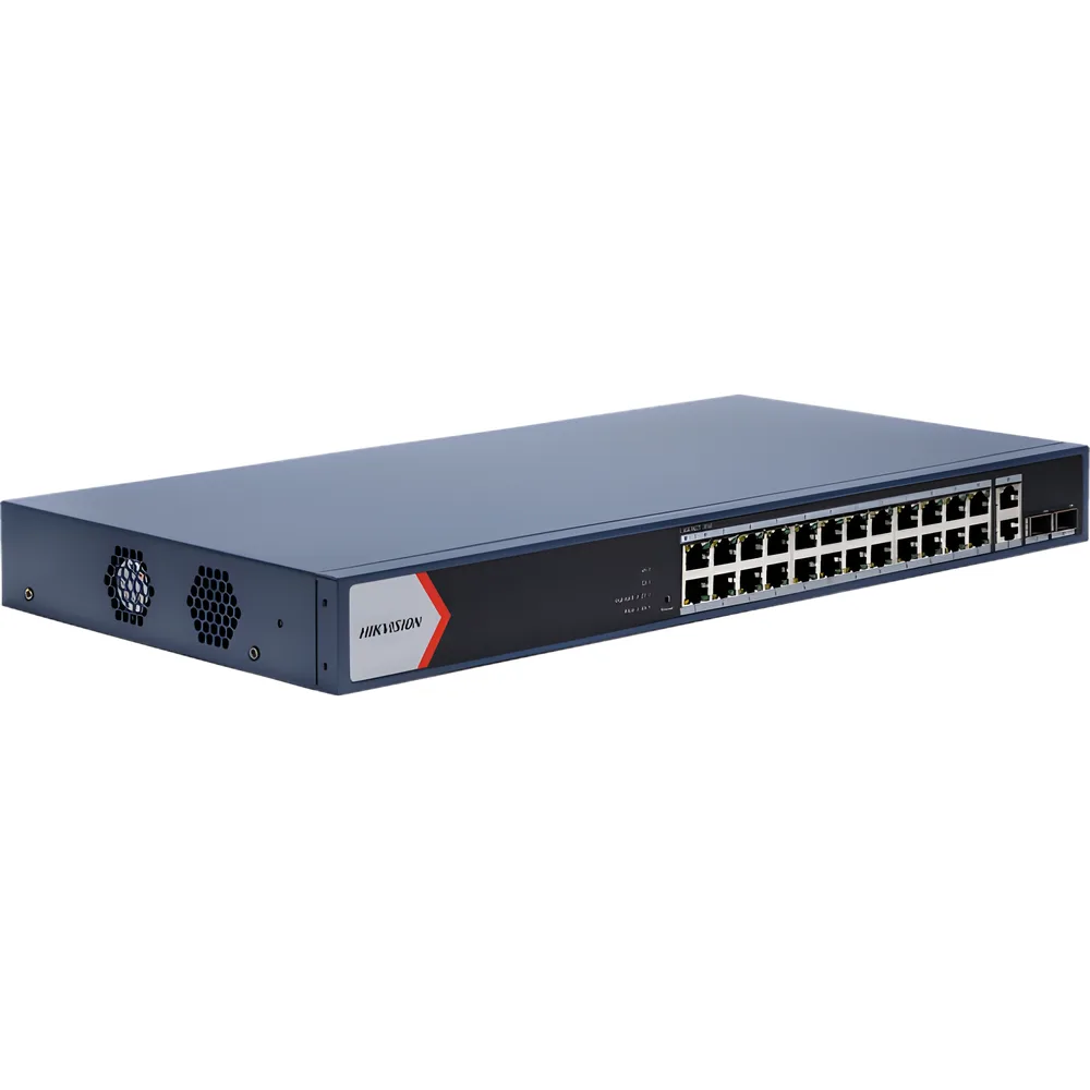 Switch Gigabit PoE+ / Administrable / 24 Puertos 1000 Mbps PoE+ / 2 Puertos 1000 Mbps Uplink  / 2 Puertos SFP Uplink / Configuración Nube Hik-Partner Pro / Modo Extendido hasta 300 Metros / 230 W – vista 3