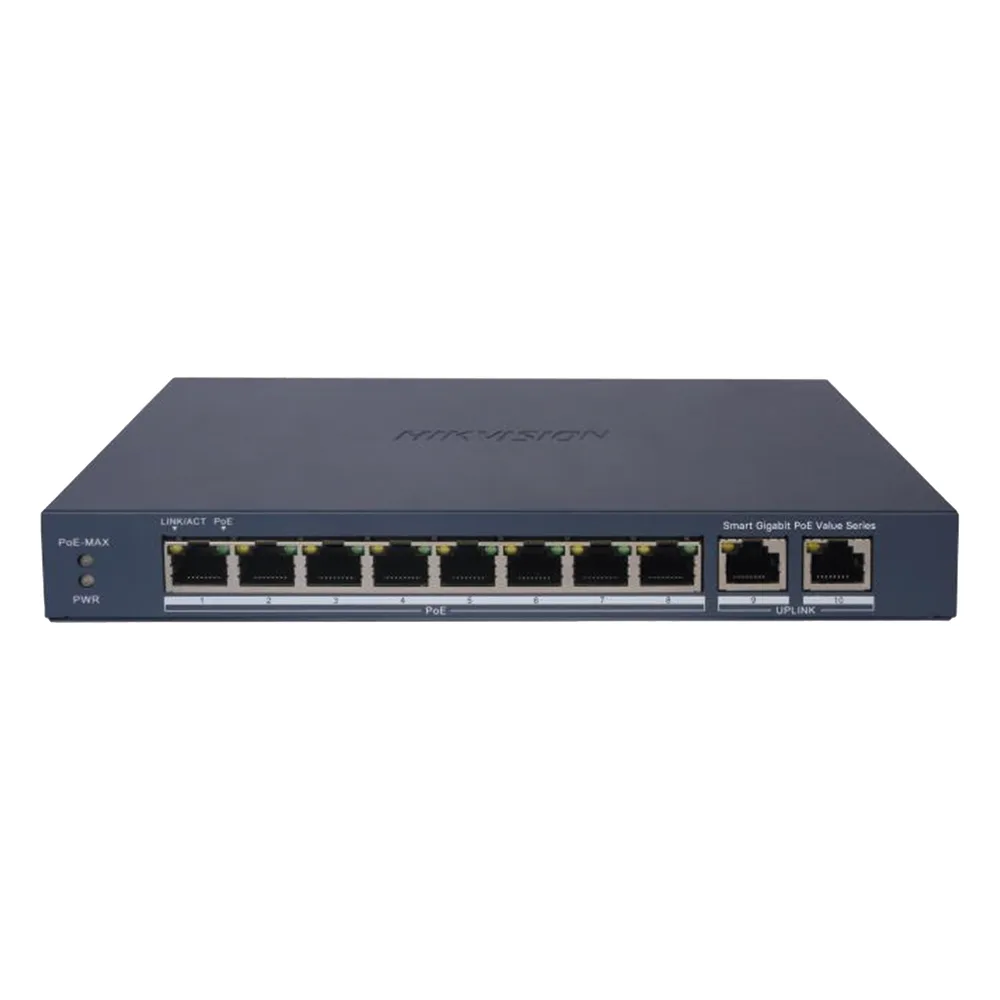 Switch Gigabit PoE+ / Administrable / 8 Puertos 1000 Mbps PoE+ / 2 Puertos 1000 Mbps de Uplink / Configuración Nube Hik-PartnerPro / Modo Extendido hasta 300 Metros / 60 W