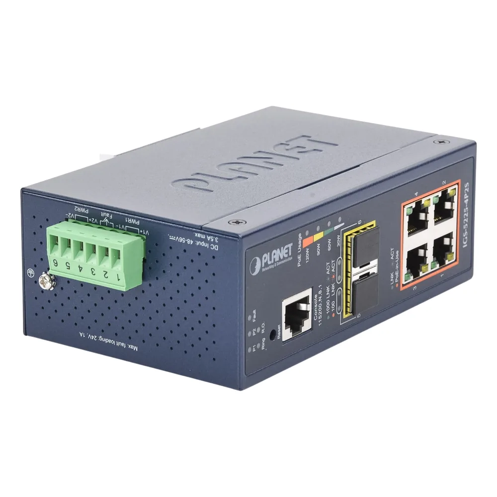 Switch Industrial Administrable Capa 2, 4 Puertos PoE 802.3af/at 10/100/1000T, 2 Puertos SFP 100/1000X – vista 2