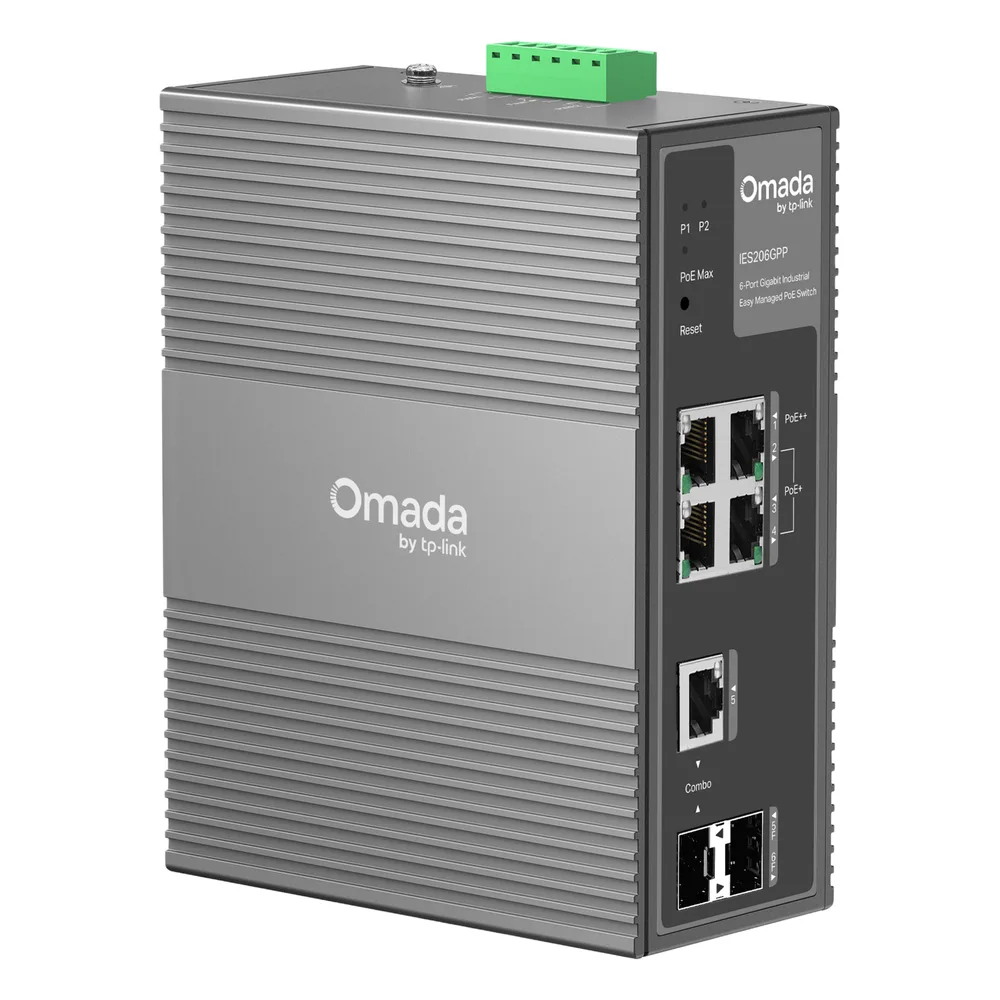 Switch Industrial Easy Managed / 6 Puertos Gigabit (4 PoE) / 120W PoE Budget / IP40 / -40°C a 75°C / 6kV Protección Rayos / Cloud Management Omada / DIN-Rail – vista 3