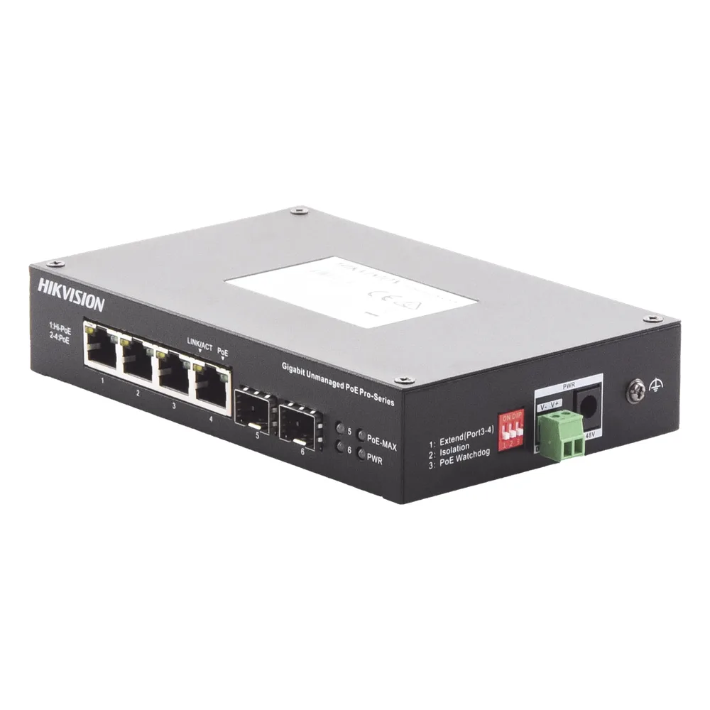 Switch Industrial No Administrable Gigabit / 3 Puertos Gigabit PoE+ (30 W) + 1 Puerto Gigabit PoE++ (60 W) / 2 Puertos SFP / 65 W Total / 48 a 57 VCD / Ideal para Proyectos / 300 Metros de Distancia – vista 3