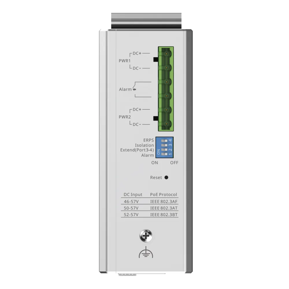 Switch Industrial PoE+ hasta 180 watts , Ideal para temperaturas Extremas y protección contra descargas, 1 puerto PoE++ 60W y 3 puertos PoE+ 30W, 2 SFP Uplink – vista 2