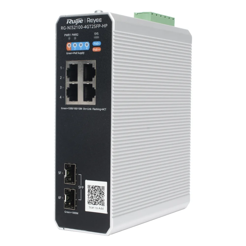 Switch Industrial PoE+ hasta 180 watts , Ideal para temperaturas Extremas y protección contra descargas, 1 puerto PoE++ 60W y 3 puertos PoE+ 30W, 2 SFP Uplink – vista 4
