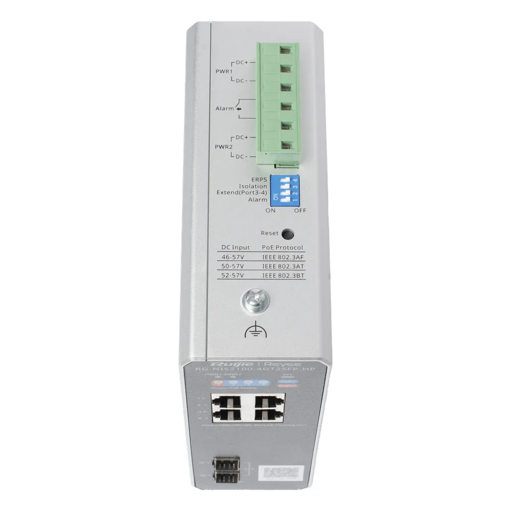 Switch Industrial PoE+ hasta 180 watts , Ideal para temperaturas Extremas y protección contra descargas, 1 puerto PoE++ 60W y 3 puertos PoE+ 30W, 2 SFP Uplink – vista 6