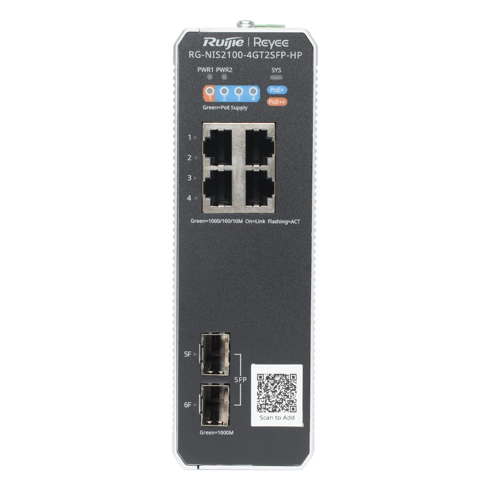 Switch Industrial PoE+ hasta 180 watts , Ideal para temperaturas Extremas y protección contra descargas, 1 puerto PoE++ 60W y 3 puertos PoE+ 30W, 2 SFP Uplink