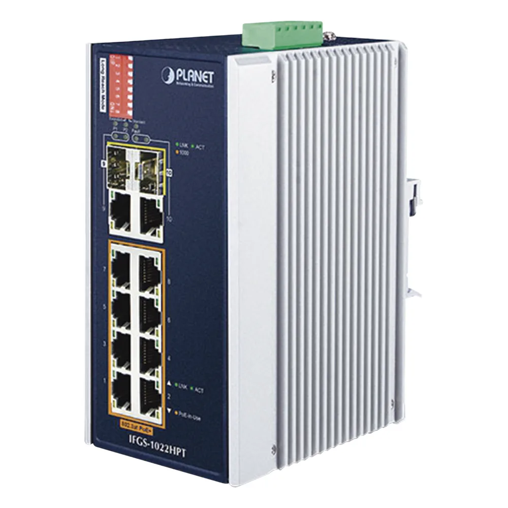 Switch Industrial PoE no administrable de 8 Puertos 10/100TX 802.3at,  Hasta 240 W, Combo TP / SFP Gigabit TP / SFP  (-40 ~ 75 grados C)