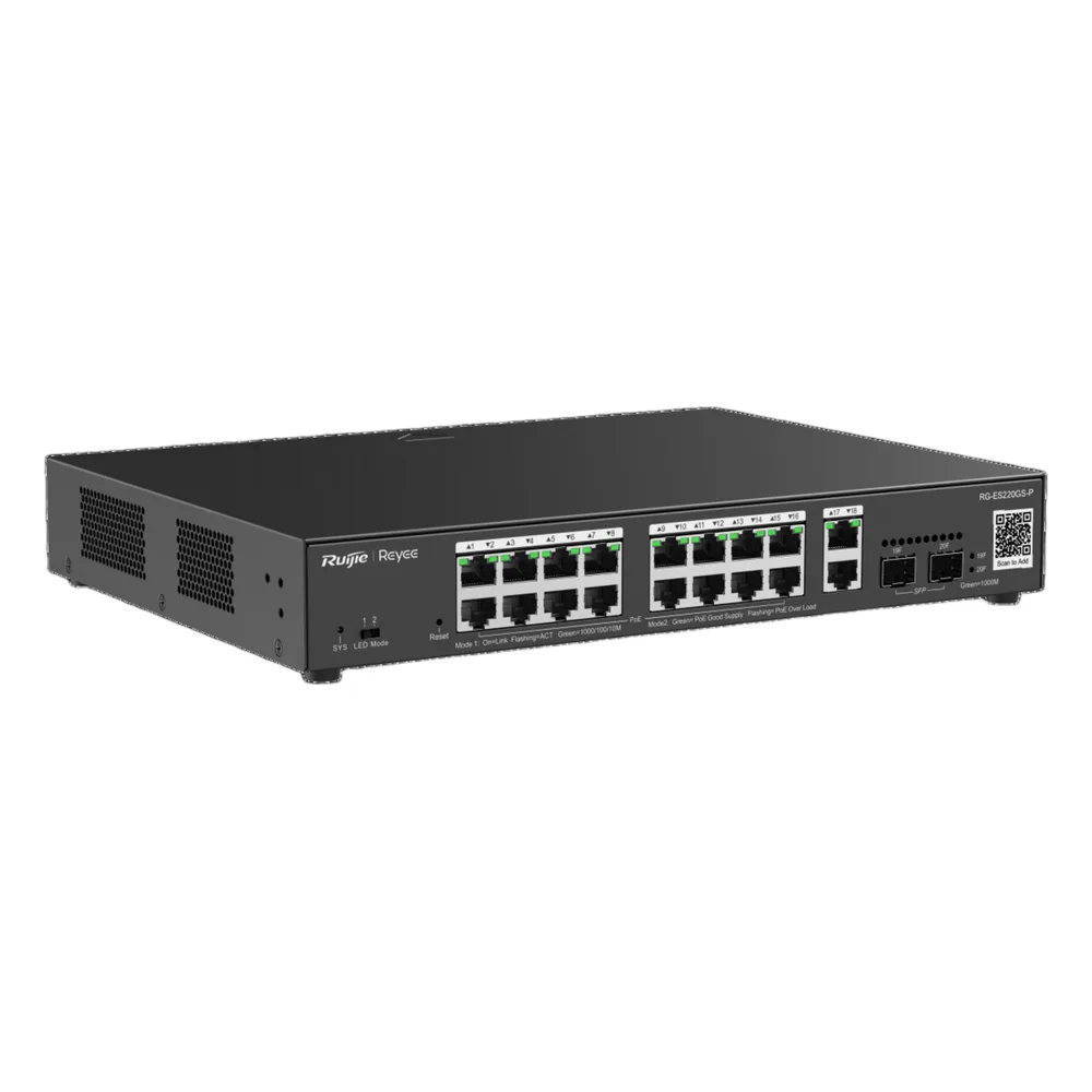 Switch L2 Administrable PoE con 16 puertos Gigabit PoE 802.3af/at + 2 SFP para fibra 1Gb, gestión gratuita desde la nube, 240w