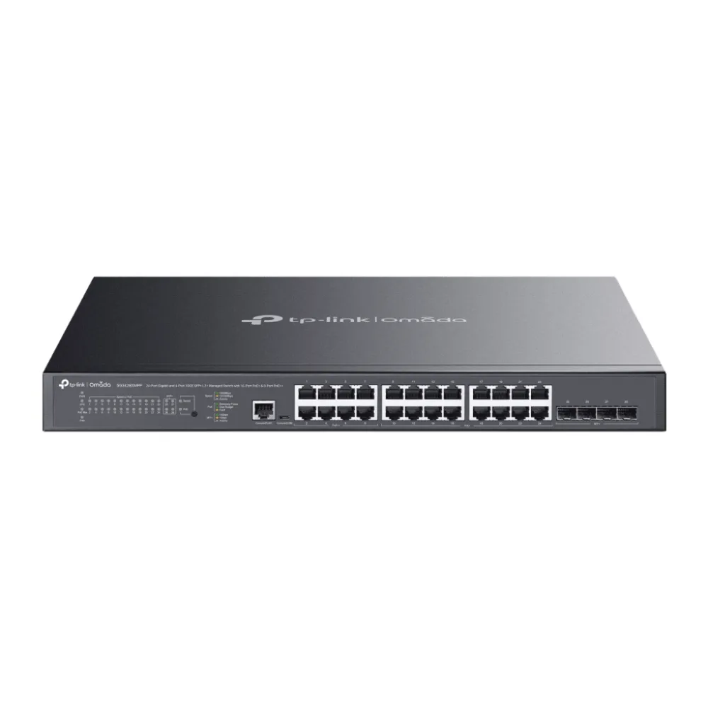 Switch L2+ Gestionado Omada / 24 Puertos Gigabit RJ45 + 4 Puertos 10G SFP+ / 16 Puertos PoE+ (30W) + 8 Puertos PoE++ (90W) / 128 Gbps Capacidad / 95.23 Mpps Forwarding / 500W PoE Budget / SDN Cloud Management