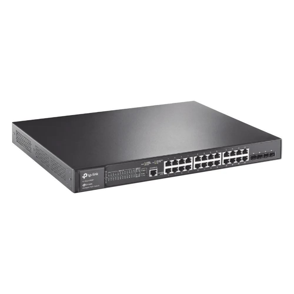Switch L2+ Omada PoE+ / 24 Puertos PoE+ 10/100/1000 Mbps / 4 Puertos SFP 1G / 2 Puertos Consola (RJ45 y microUSB) / Administración Centralizada Omada o Stand-Alone / Multicast IGMP / Calidad de Servicio / Presupuesto PoE 384W / Montaje en Rack