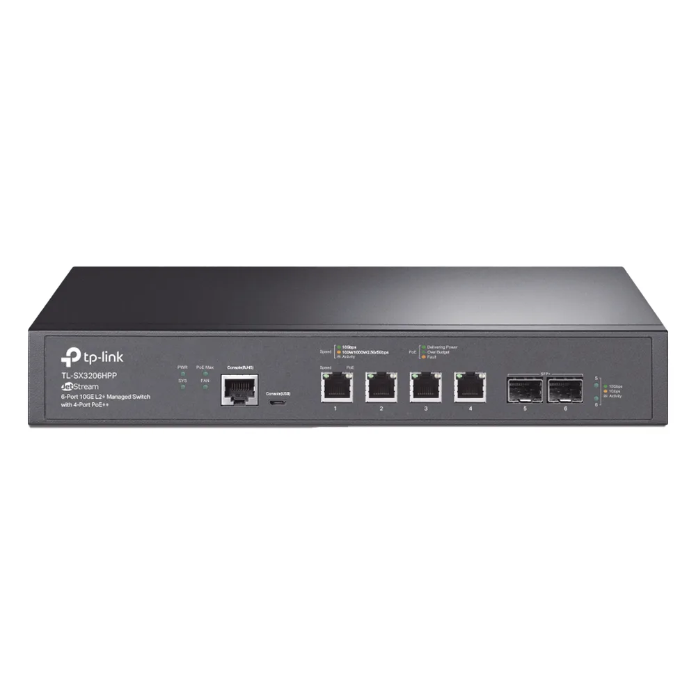 Switch L2+ PoE++ Omada 6 Puertos 10G / 4 Puertos 802.3 af/at/bt Multi-Gigabit 1G, 2.5G, 5G, 10G / 2 Puertos SFP+ 10G / Multicast IGMP / Adminstración Centralizada Omada o Stand-Alone / Presupuesto PoE 200W / Montaje Rack-Escritorio