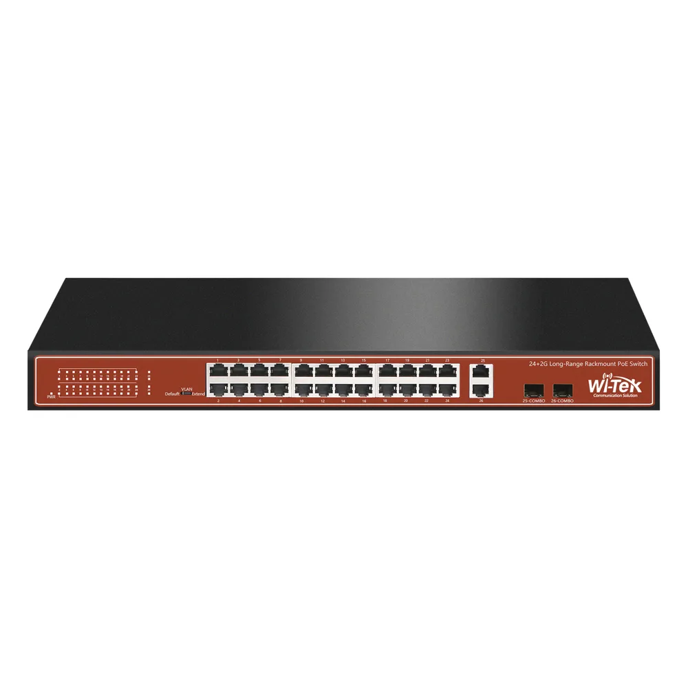 Switch PoE (802.3af/at/bt) / No administrable de largo alcance / Hasta 250m / Con 24 x 10/100Mbps + 2 x SFP Gigabit Combo / 250 W