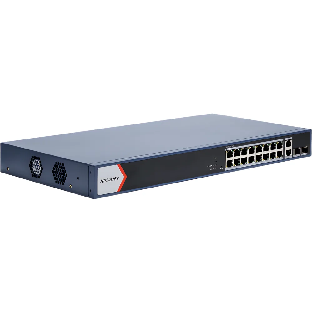 Switch PoE+ / Administrable / 16 puertos 1000 Mbps PoE+ / 2 Puertos 1000 Mbps Uplink / 2 Puertos SFP de Uplink /  Configuración Nube Hik-Partner Pro / Modo Extendido hasta 300 metros / 230 W – vista 4