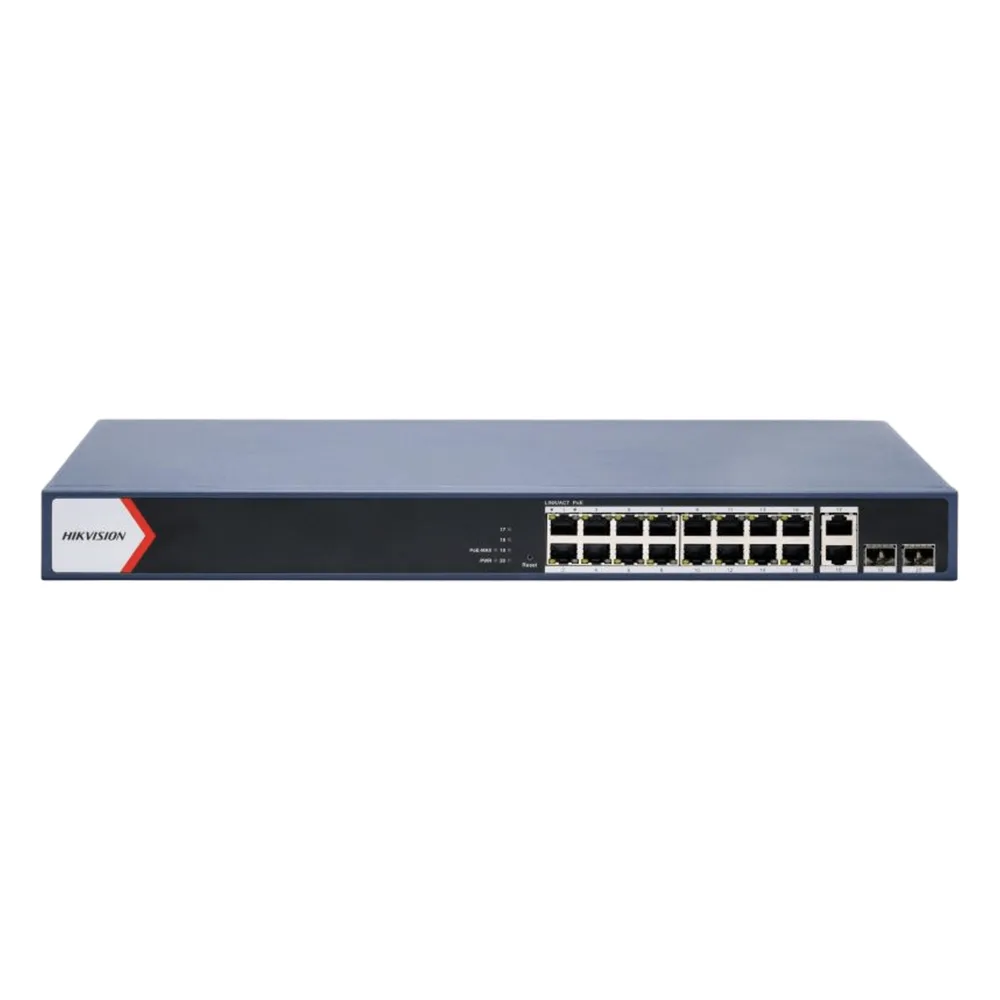 Switch PoE+ / Administrable / 16 puertos 1000 Mbps PoE+ / 2 Puertos 1000 Mbps Uplink / 2 Puertos SFP de Uplink /  Configuración Nube Hik-Partner Pro / Modo Extendido hasta 300 metros / 230 W