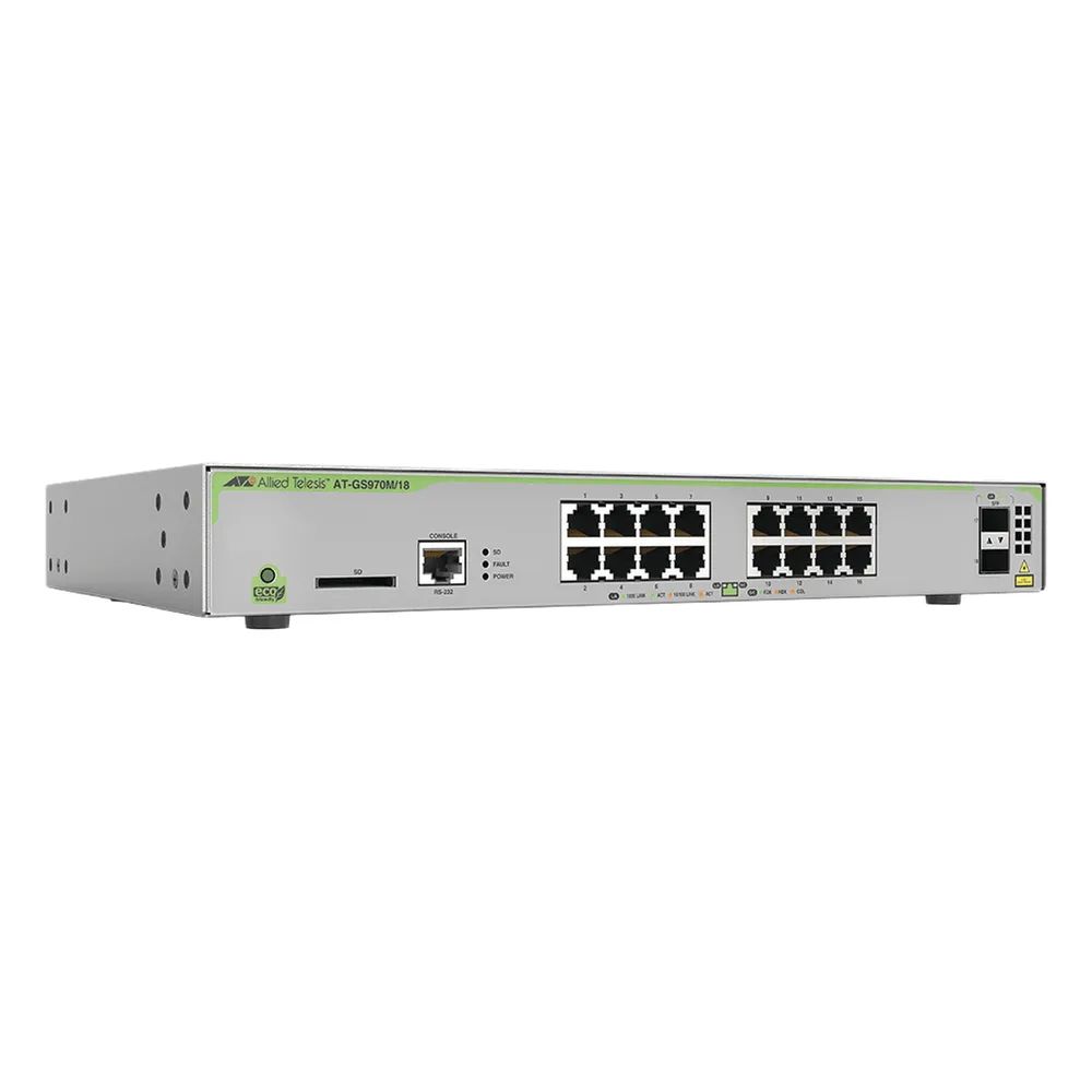 Switch PoE+ Administrable CentreCOM GS970M, Capa 3 de 16 Puertos 10/100/1000 Mbps + 2 SFP Gigabit, 247 W