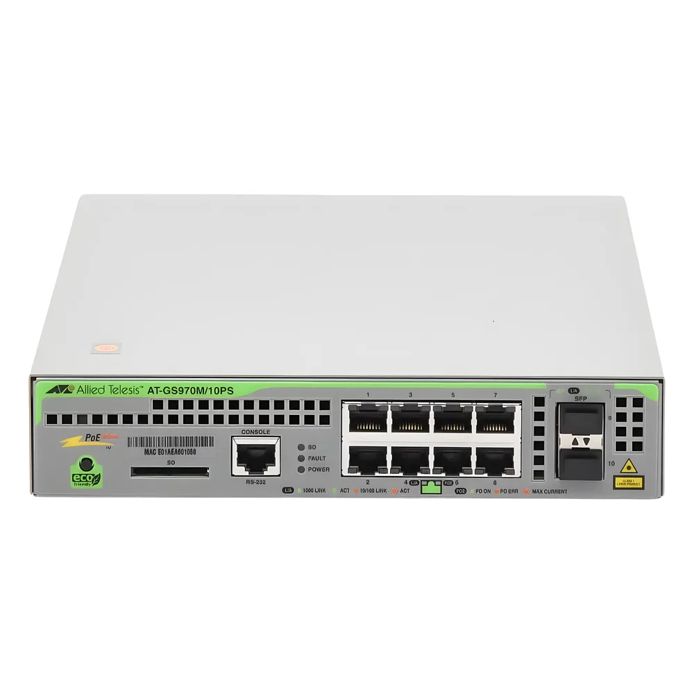 Switch PoE+ Administrable CentreCOM GS970M, Capa 3 de 8 Puertos 10/100/1000 Mbps + 2 SFP Gigabit, 124 W – vista 2