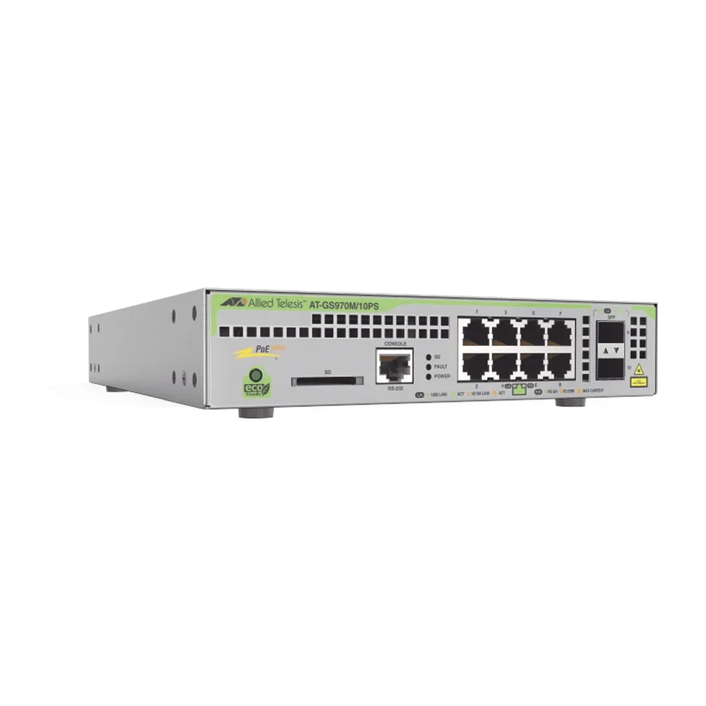 Switch PoE+ Administrable CentreCOM GS970M, Capa 3 de 8 Puertos 10/100/1000 Mbps + 2 SFP Gigabit, 124 W