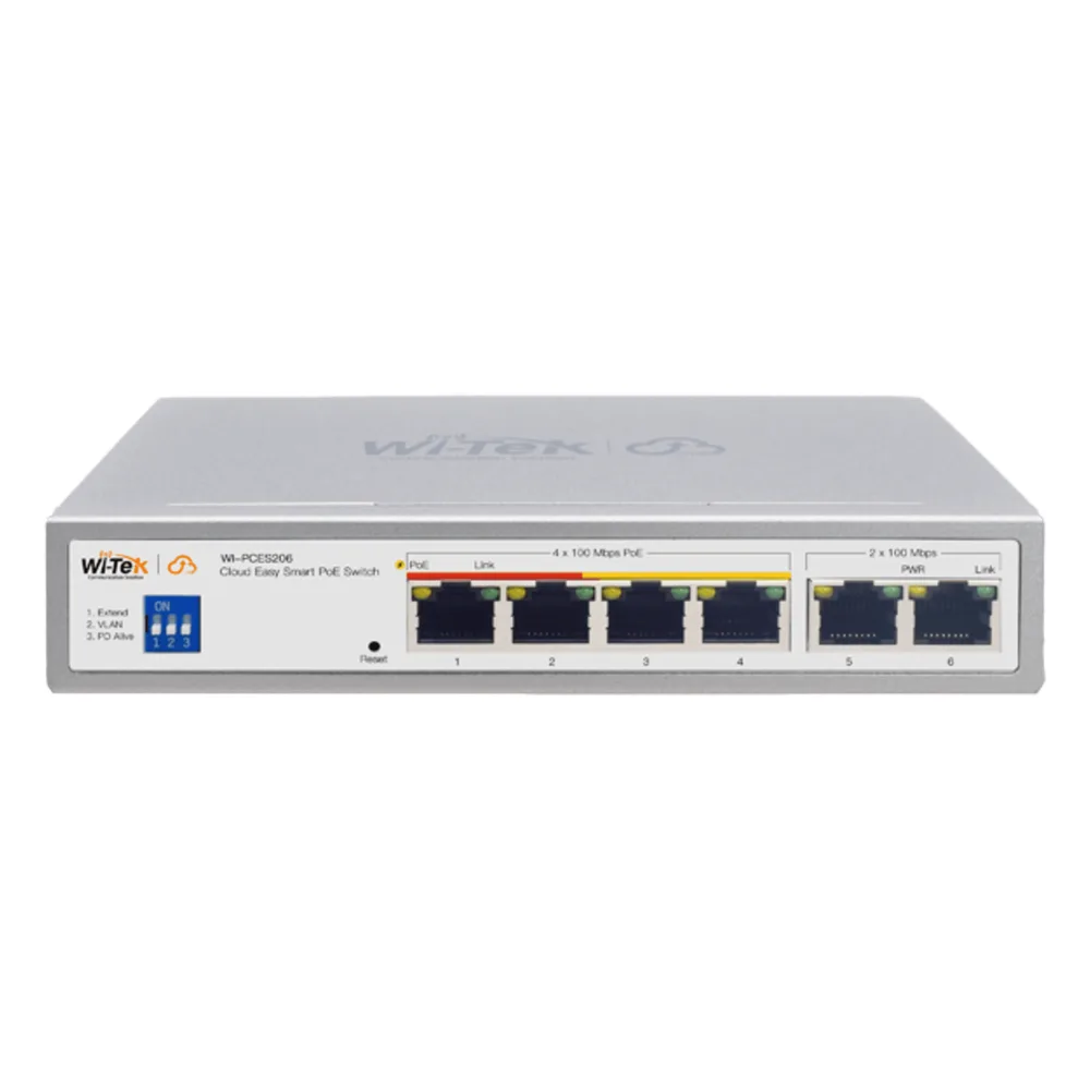 Switch PoE / Administración en la nube / Con 4 puertos 10/100 Mbps PoE af/at / 2 Puertos Uplink 10/100 Mbps / Presupuesto 60 W / PoE hasta 250 metros / Soporta protocolo ONVIF