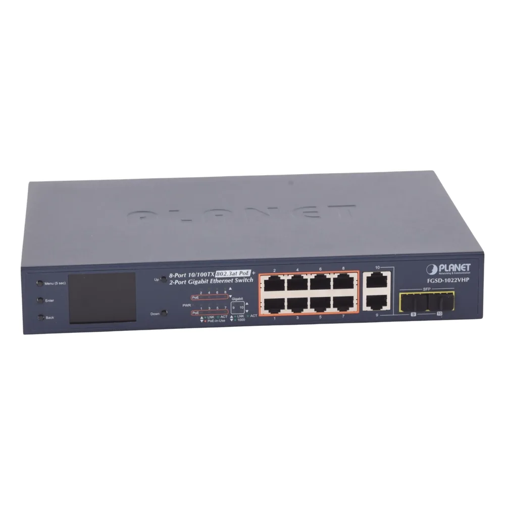 Switch PoE+ / Distancia 250 Metros / 8 Puertos + 2 Combo TP/SFP Gigabit y Pantalla LCD Para Monitoreo – vista 2