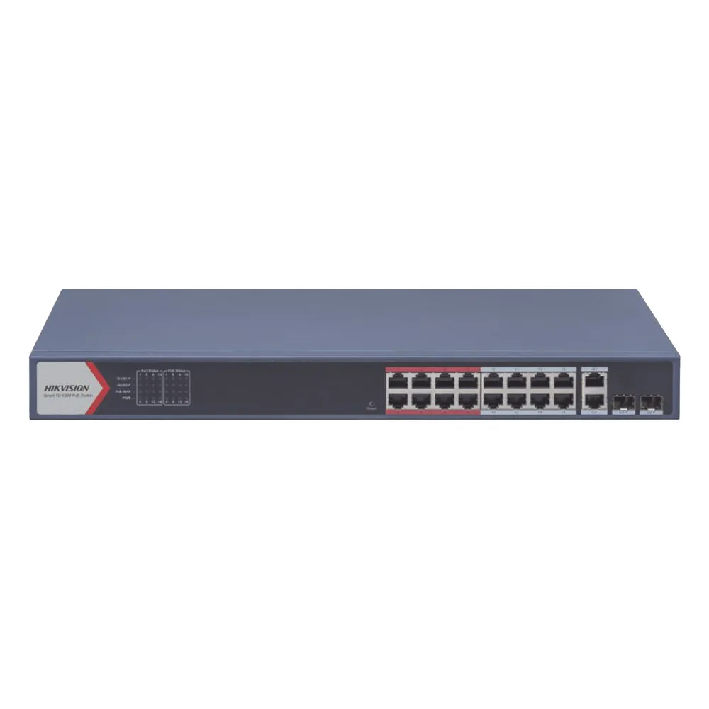 Switch PoE+ / Monitoreable / 16 puertos 10/100 Mbps PoE+ / 2 Puertos 1000 Mbps Uplink / 2 Puertos SFP de Uplink /  Configuración Nube Hik-Partner Pro / Modo Extendido hasta 300 metros / 230 W