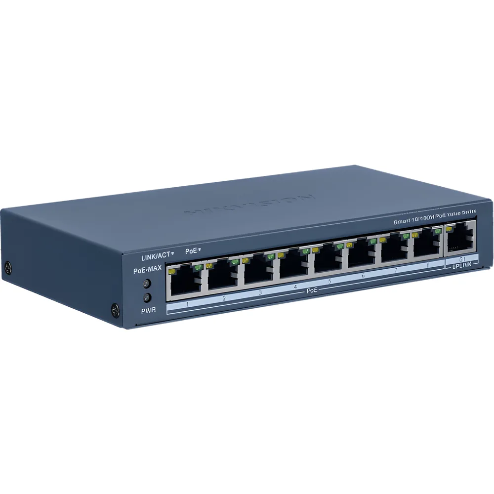 Switch PoE+ / Monitoreable / 8 Puertos 10/100 Mbps PoE+ / 1 Puerto 1000 Mbps Uplink /  Configuración Nube Hik-Partner Pro / Modo Extendido hasta 300 metros / 60 W – vista 2