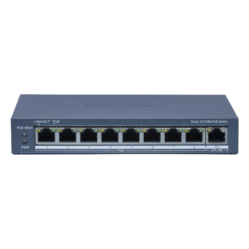 Switch PoE+ / Monitoreable / 8 Puertos 10/100 Mbps PoE+ / 1 Puerto 1000 Mbps Uplink /  Configuración Nube Hik-Partner Pro / Modo Extendido hasta 300 metros / 60 W