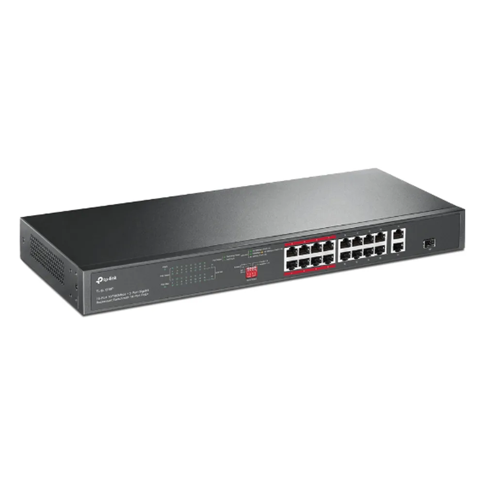Switch PoE+ no Administrable 16 puertos 10/100 Mbps + 2 puertos 10/100/1000 Mbps + 1 puerto SFP, 8 puertos Extensor PoE (hasta 250 m), 150W, diseño para Vigilancia IP – vista 2