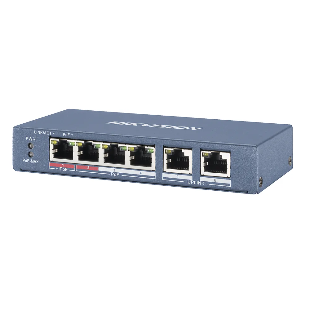 Switch PoE+ / No Administrable / 3 Puertos 10/100 Mbps 802.3 af/at (30 W) + 1 Puerto 10/100 Mbps Hi-PoE (60 W) / 2 Puertos 10/100 Mbps Uplink / Modo Extendido hasta 300 Metros / 60 W