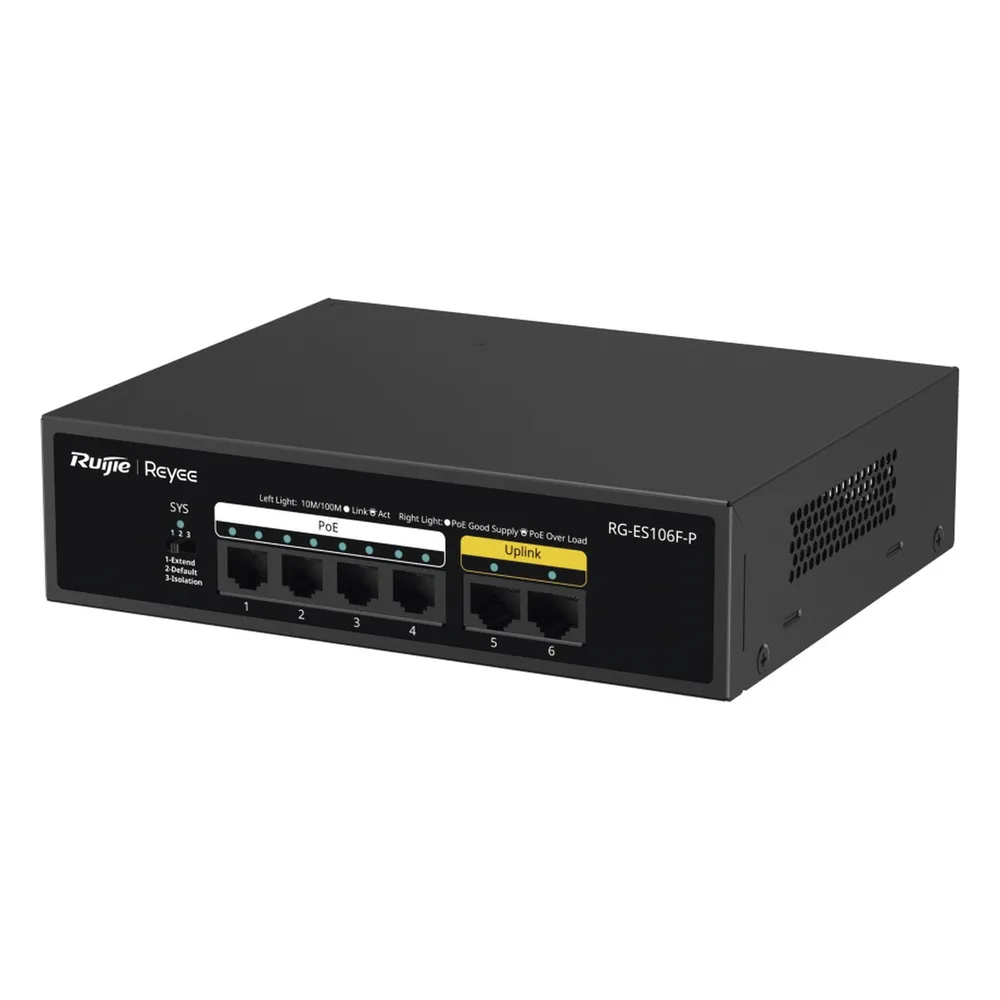 Switch PoE+ no Administrable, 6 Puertos 10/100 Mbps, hasta 54 Watts – vista 3