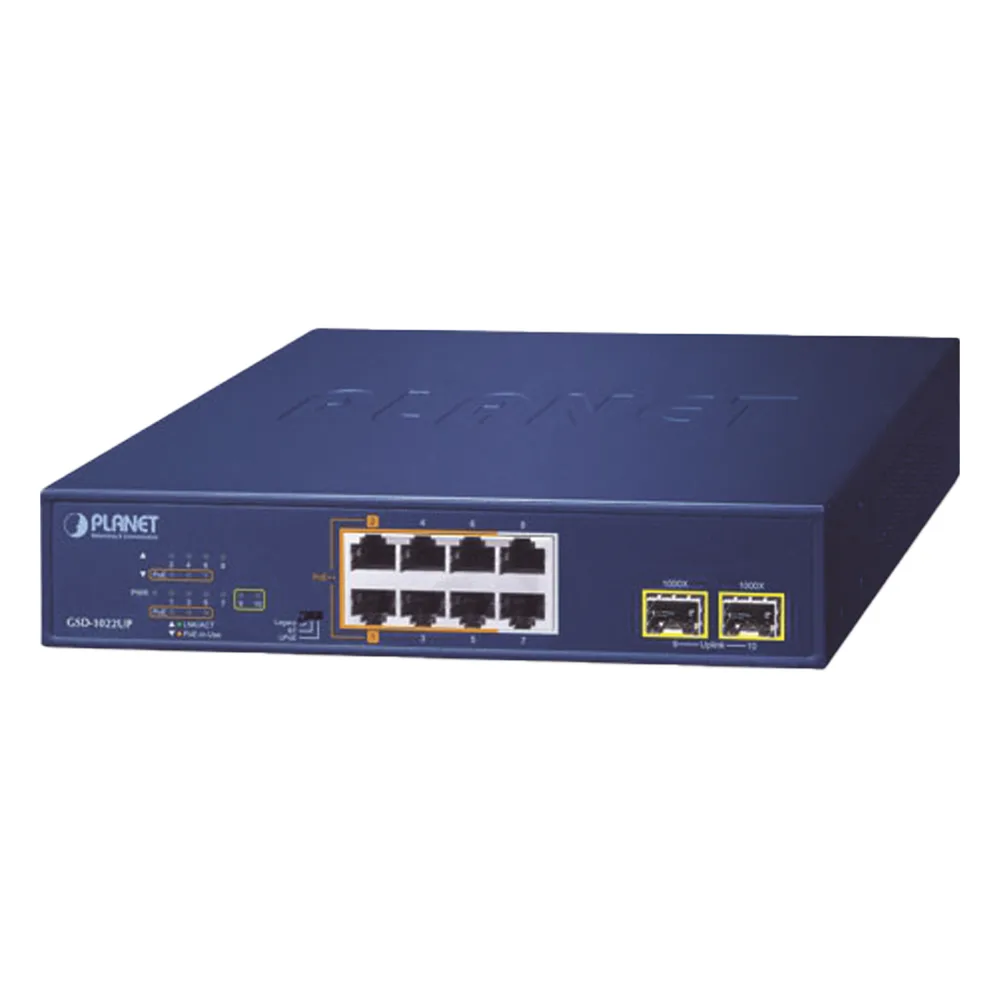 Switch PoE No Administrable de Escritorio, 2 Puertos Gigabit 802.3bt, 4 Puertos Gigabit 802.3at, 2 Puertos 10/100/1000, 2 Puertos SFP Gigabit.